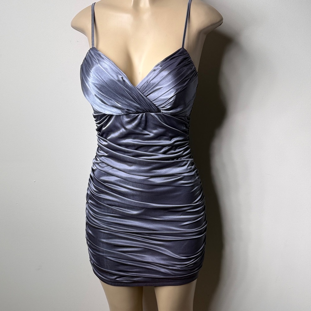 Love Tease Metallic Slate Ruched Mini Dress